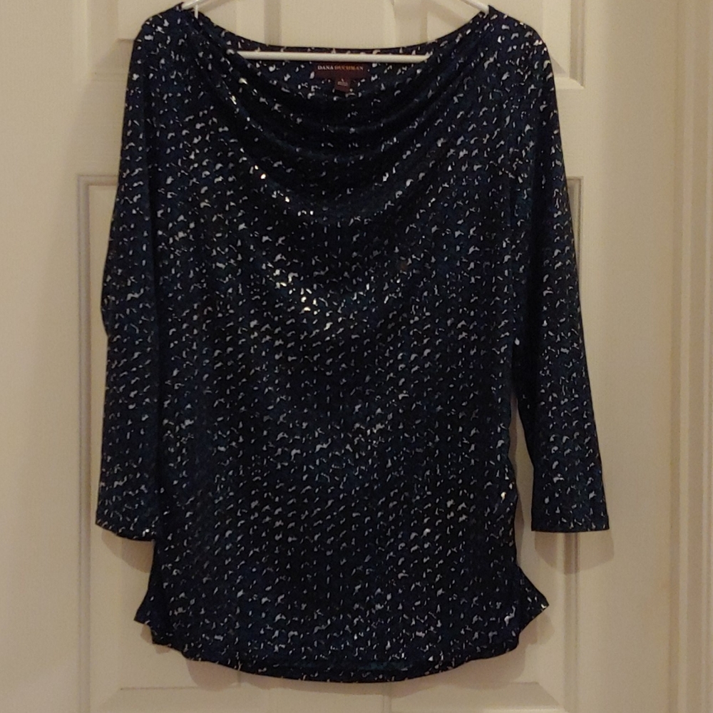 DANA BUCHMAN SZ LARGE WOMEN 3/4 SLEEVE TEAL BLUE DRAPED NECKLINE